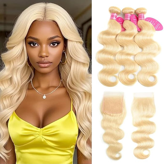 613 Human Hair Body Wave Blonde Bundles with Closure (12 14 16 +10 Inch) 100% Unprocessed 12A Grade Brazilian Virgin Hair Extensions bundles with 4 X 4 Lace front Free Part for Women