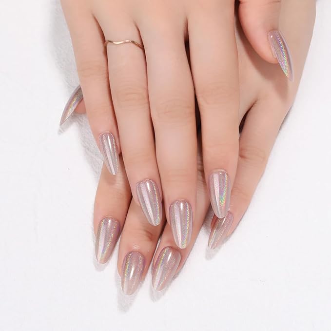 XZMeiLun 24Pcs Silver Holographic Acrylic Press on Nails Short Almond - Reusable Fake Nails with Nail Glue Kit, Long Lasting Chameleon Static Nails for Women Daily Wear & Parties (Glossy Laser Design)