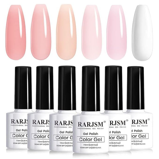 RARJSM Nude Gel Polish for French Manicure,Sheer Jelly Pink Gel Nail Polish Set of 6 Transparent Colors Clear Light Brown Pure White Neutral Nail Varnish LED UV Curing Requires 7.5ml for Home Salon