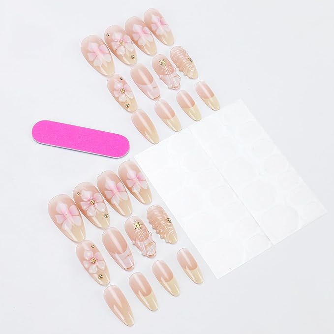 24Pcs Flower Press on Nails Almond for Summer, Ocean Star Shell Pearl Design Floral Fake Nails French Wear Medium Press Ons Nude Stick on Nails False Nails Set for Women