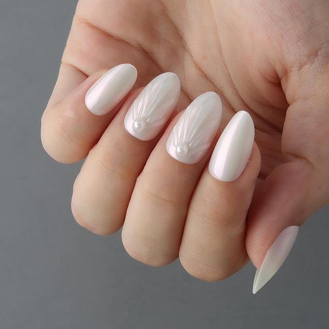 XZMeiLun 3D White Aurora Shell Press On Nails Almond Short, 3D Pattern Designer Reusable Acrylic Nails Press Ons, Fake Nails With Glue On, Daily Wear Floral False Nails For Women