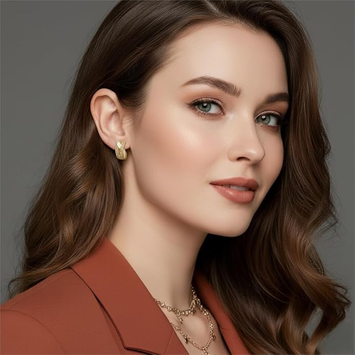 14K Gold Plated Hoop Earrings 14 Karat Gold Plated Earrings for Women Thick Small Diamond Hoop Earring X-shaped Hoops Earring for Women 20MM