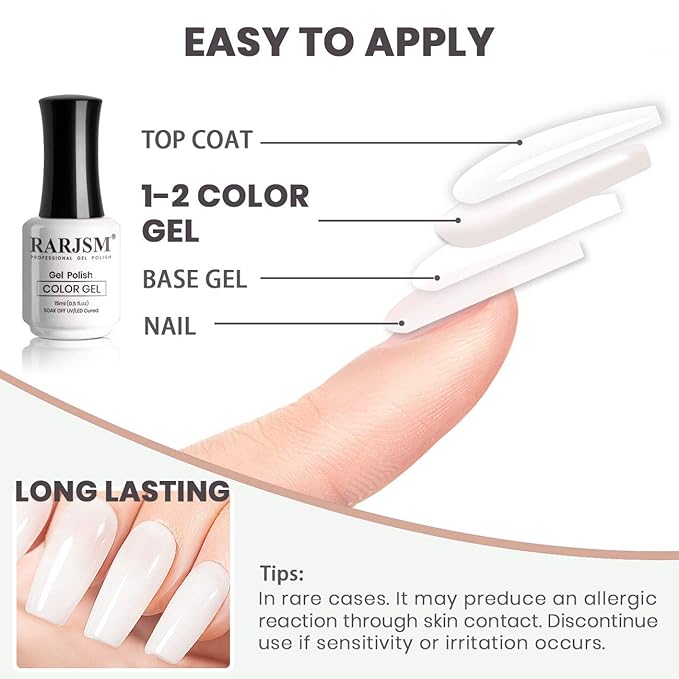 RARJSM Milky White Gel Polish, 15ML French White Nail Art Manicure Varnish LED UV Translucent Gel Nail Polish Soak Off Clear Nail Gel Sheer White Gel Polish