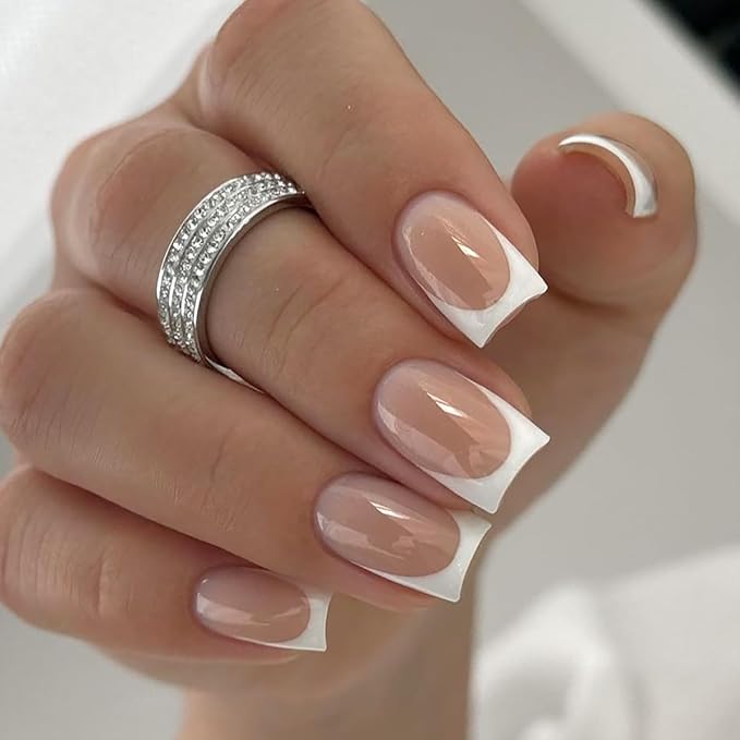 XZMeiLun Chrome French Tips Press On Nails Medium Length Square, White French Sticke on Nails, Designer Reusable Acrylic Nails Press Ons, Fake Nails With Glue On Nails, Daily Wea False Nails For Women