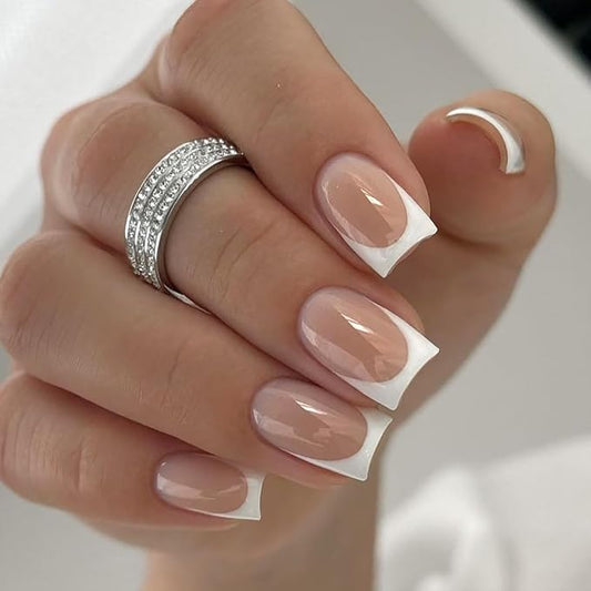 XZMeiLun Chrome French Tips Press On Nails Medium Length Square, White French Sticke on Nails, Designer Reusable Acrylic Nails Press Ons, Fake Nails With Glue On Nails, Daily Wea False Nails For Women