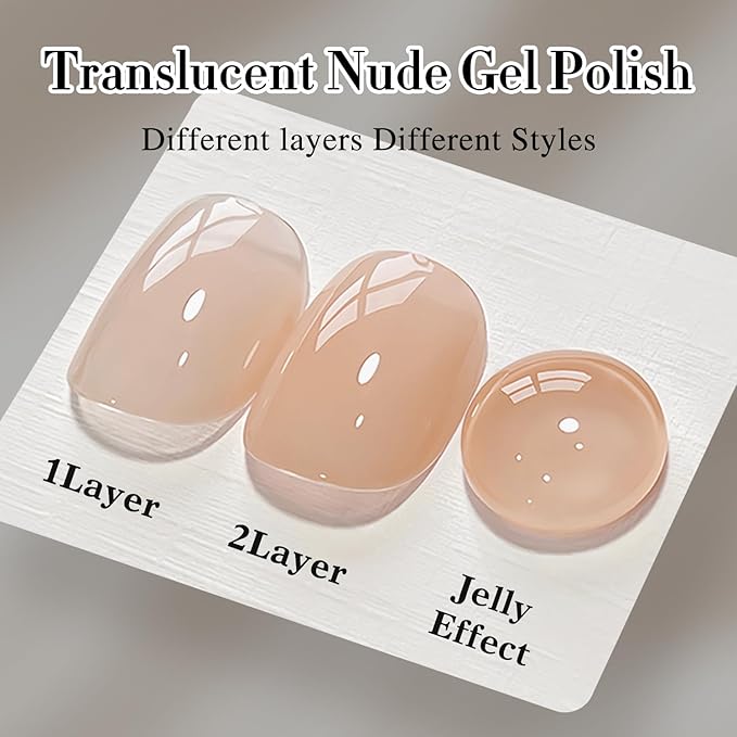 Double Rhythm Translucent Gel Polish Sheer Neutral Natural Light Milky Same Color Same Bottle 15ML Jelly UV Polish Nail Art DIY at Home (Translucent Nude-A1424)