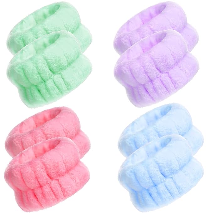 Chuangdi 4 Pairs Wrist Bands for Washing Face Wrist Spa Microfiber Wash Towel Band Scrunchies Absorbent Wristbands Sweatband for Women Prevent Liquid from Spilling(Pastel Colors)