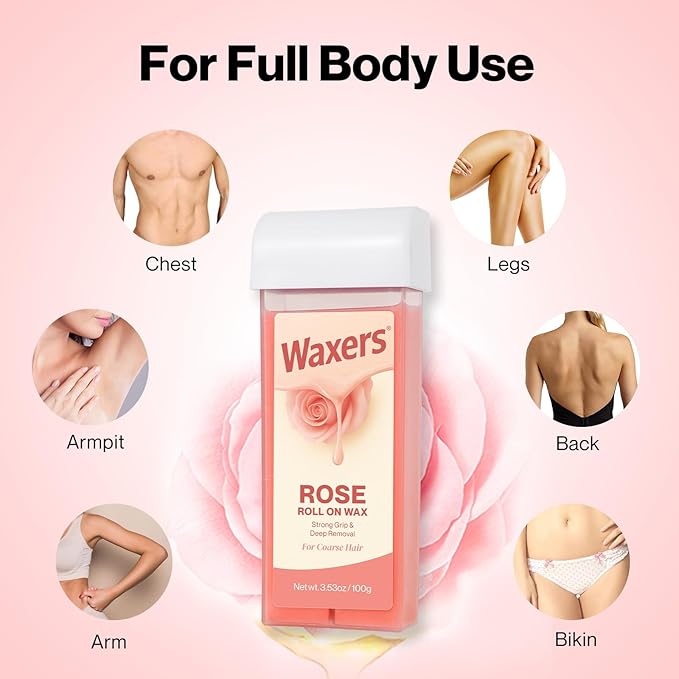 Waxers Roll on Wax Kit Professional Soft Wax Roller Depilatory for Coarse & Thick Hair Removal Waxing Roller Cartridge for Women Men at Home Rose