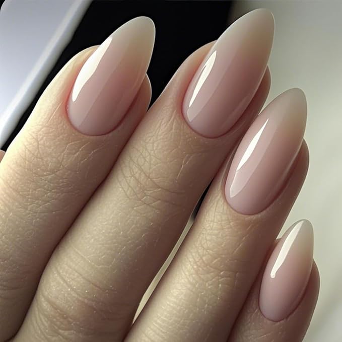 GLAMERMAID Press on Nails Medium Almond, Spring Summer Nude Gel Glue on Nail, Glossy Short Stiletto Reusable UV Finish Fake Nails Acrylic False Nails Manicure Kits for Women