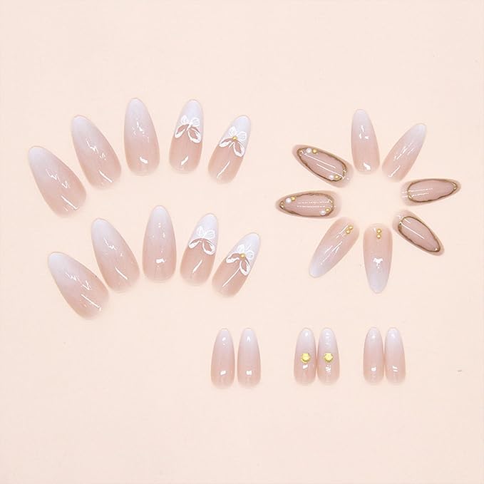 JONKASIPA White Flower Embossed Nail Stickers - Medium Almond Shape Fake Nails Glossy Glue Nail Stickers 3D Gold Line Acrylic Nails French Fingertip Adhesive Fake Nails, DIY Set 24 Pcs