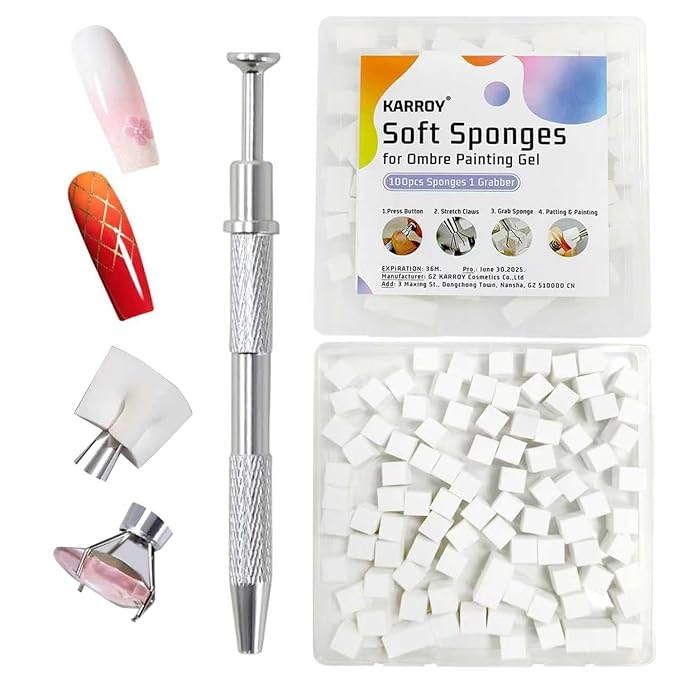 Karroy Soft Sponges for Painting Nail Gel with Grabber, Professional Grabbing Tools for Ombre Gradient Painting Gel Nails Sponges Patting Brush (100PCS Sponges & Grabber)