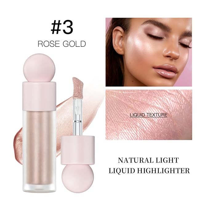 Liquid Highlighter Makeup Face Highlighters & Luminizers, Pink Highlighters Makeup for Long Lasting Shimmer Natural Glow, Body Highlighter Easy to Apply with Cushion Applicator (#3 Rose gold)