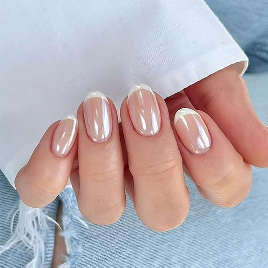 XZMeiLun Press On Nail, French Tip Chrome Acrylic Press On Nails Short Round, Designer Reusable Glazed Fake Nails, Glossy Soft Gel Nails Wedding and Party, Stick On Glue On Nails Press Ons for Women