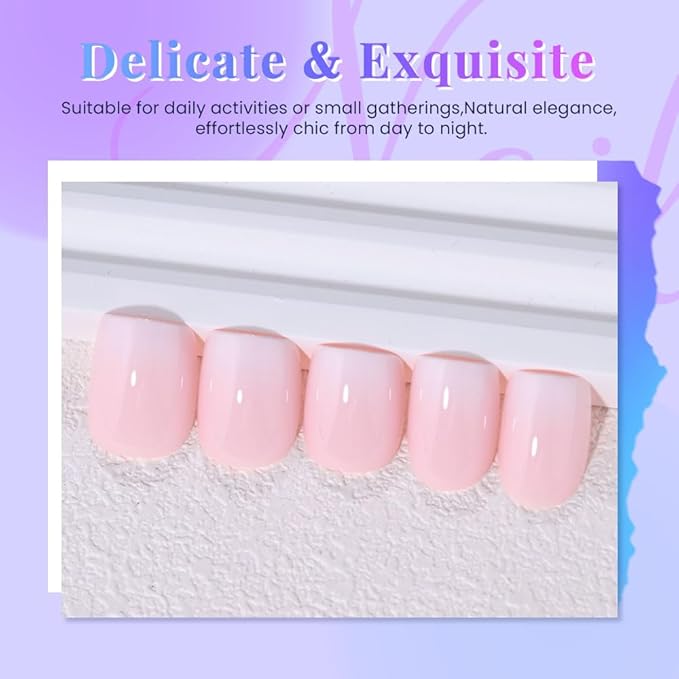XZMeiLun Pink White Ombre French Tip Press on Nails, Short Square Acrylic Fake Nails Design, Natural Reusable Nails Kit for Women DIY False Nail Art Decoration Gift, Salon Quality Reusable 15/30 Psc