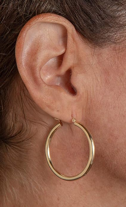 14K Yellow Gold Classic Real Hoop Earrings, (3mm Thick Tube)