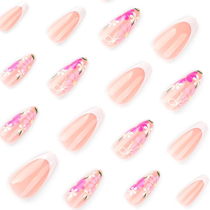 XZMeiLun French Tip Press On Nails Spring Summer Acrylic Nails for Women - Purpl Flower Designer Fake Nails Short Almond 24Pcs, Outdoor Picnic/Wedding/Party Reusable Glue On Stick On Nails