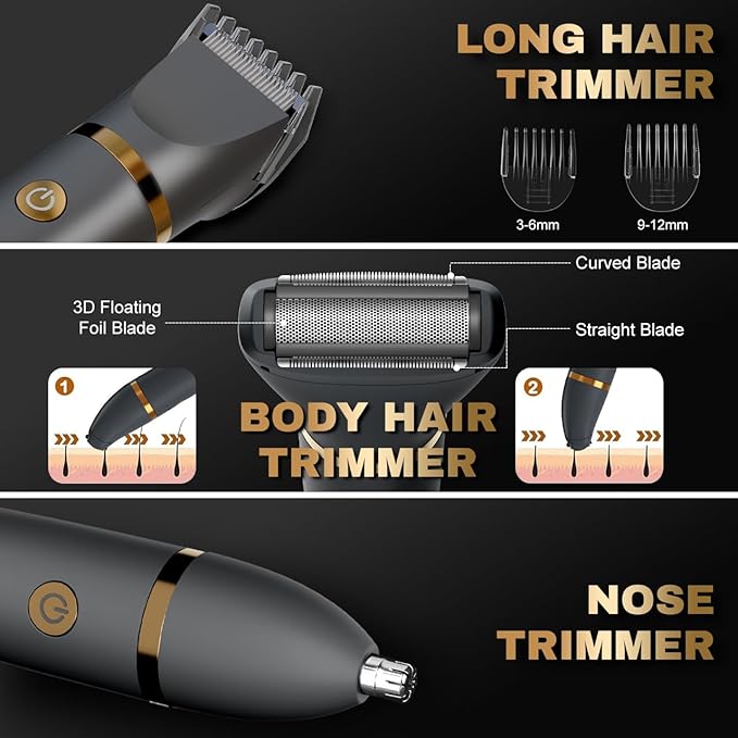 Zivelier Ball Shaver for Men, 3-in-1 Multifunction Body Hair Trimmer & Pubic Shaver with Titanium Blades (No Nicks!), IPX7 Waterproof Electric Razor, LED Display, Wet/Dry