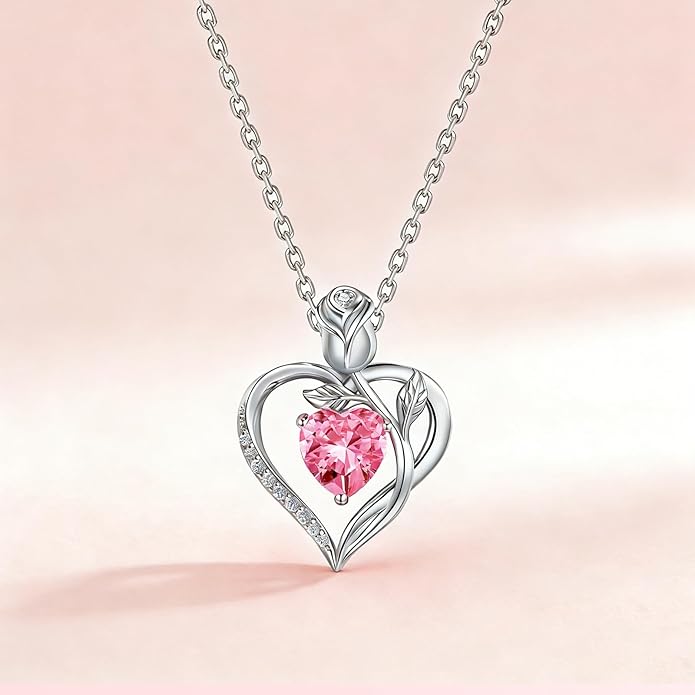 1.2CT Rose Heart Necklace Option of Moissanite or Lab-Grown Sapphire Ruby Emerald&More Necklace for Women Birthstone Girlfriend Necklace S925 Sterling Silver 18K White/Rose Gold Plated D Color VVS1 Gift for Wife Mother Daughter for Birthday Anniversary...