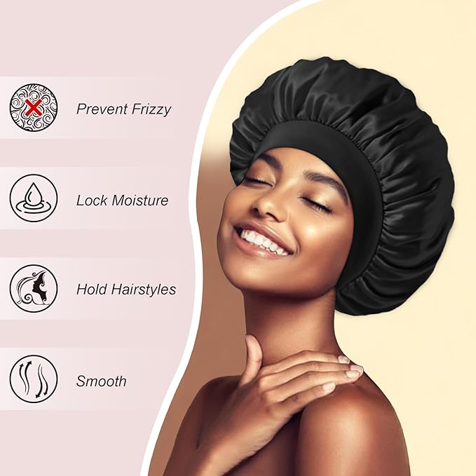 2PCS Silk Bonnet for Sleeping Women, Satin Bonnet for Sleeping with Soft Elastic Band, Silk Hair Bonnets for Women Curly Hair