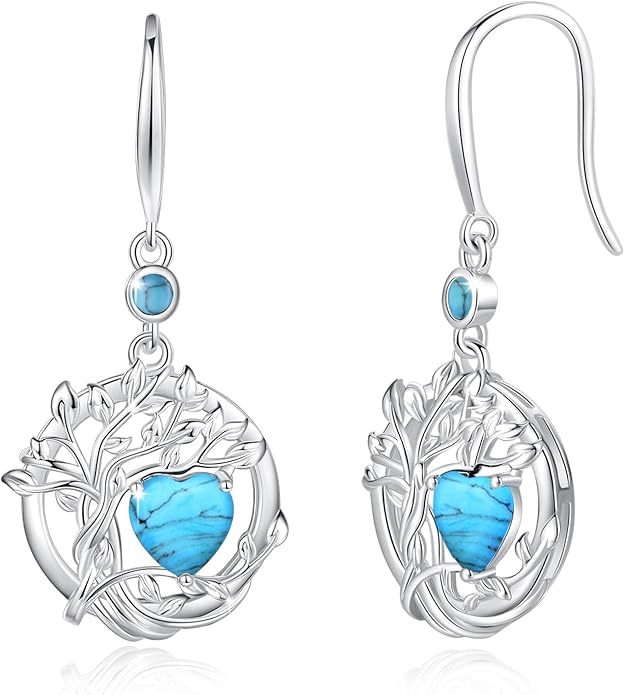FANCIME Tree of Life Dangle Drop Earrings 925 Sterling Silver Dainty Round Gemstone Birthstone Earring Fine Jewelry Birthday Christmas Gifts for Her Women