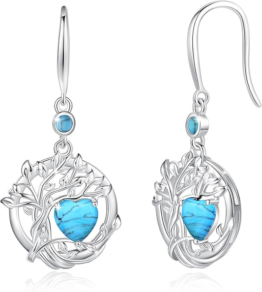 FANCIME Tree of Life Dangle Drop Earrings 925 Sterling Silver Dainty Round Gemstone Birthstone Earring Fine Jewelry Birthday Christmas Gifts for Her Women