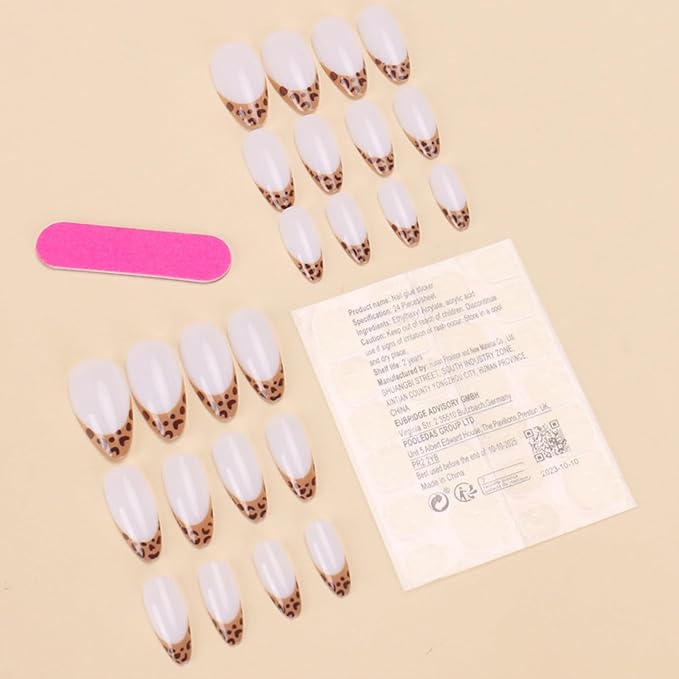 SHELWIN French Press On Nails Ready-To-Wear DIY Manicure Stick On Nails kit for Women 24 Pcs Short Medium Coffin Almond Shaped False Nails Gifts（Sexy Leopard）