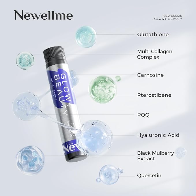 NEWELLME Antioxidant Collagen Shots – Glow+ Beauty Liquid Antioxidant with Hyaluronic Acid, Anti-Glycation Support for Smooth, Radiant Skin, Hair & Nails, 14 Bottles