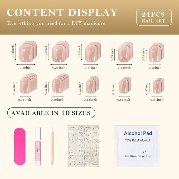 evpct Nude Glazed Press on Nails Short Square for Women Girls Gift, Chrome Glazed Nude Fake Nails Reusable with Soft Gel, Glossy Glitter Stick on False Nail Kit Salon Quality DIY at Home, 01