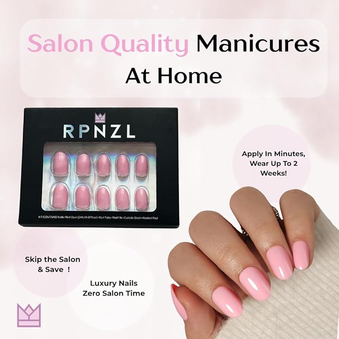 RPNZL Press On Nails - Petal Pink I Solid Opaque Light Pastel Pink Short Oval Nails, Salon Quality, 32 Nails, 16 Sizes Kit with Glue and Adhesive Tabs - Female Founded