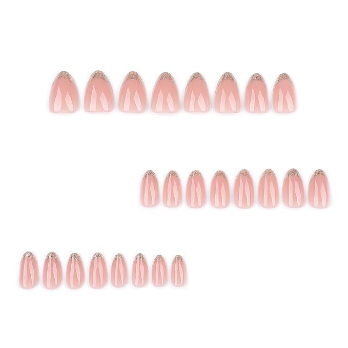 XZMeiLun Press On Nails Spring Acrylic Nails for Women - Gold French Glitter Designer Fake Nails Short Almond 24PCS, Glossy Soft Gel with Glue, Outdoor Picnic/Wedding/Party Reusable Stick On Nails