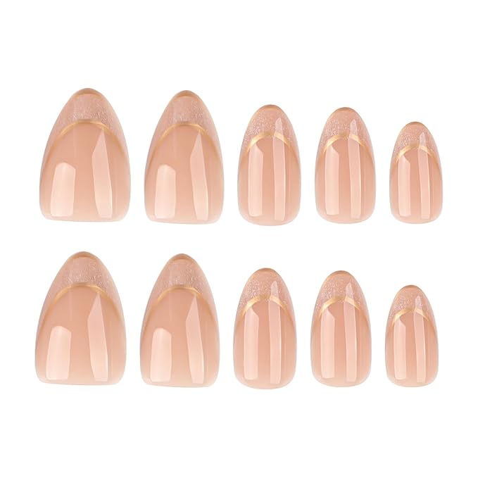 XZMeiLun Double Gold French Tip Press On Nails Almond Squoval, French Tips Designer Reusable Acrylic Nails Press Ons, Fake Nails With Glue On, Daily Wear Floral False Nails For Women
