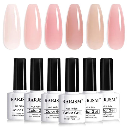 RARJSM Creamy Nude Gel Nail Polish Set Sheer Milky Barely Rose Gray Mauve Eggshell Pink 6 Pcs Neutral Jelly Skin Tone Colors French Manicure Gelpolish Soak Off Curing Requires for Home Salon 7.5ml