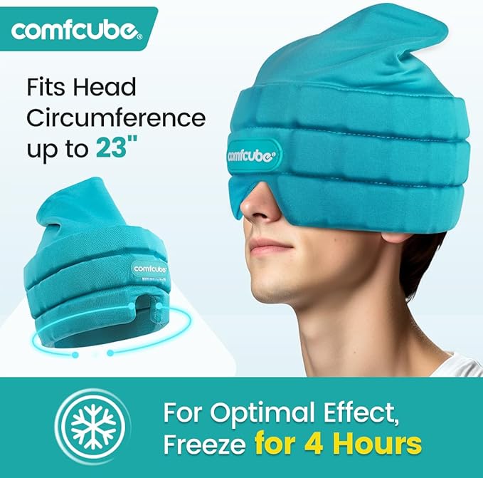 Comfcube Migraine & Headache Relief Ice Cap, 2 Hours Long Lasting Cold Therapy Wearable & Washable Form Fitting Ice Hat for Sinus & Stress Relief, Puffy Eyes, Severe Migraines, Chemo