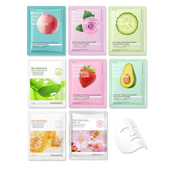 CAKAILA 8 Pack Plants Fruits Face Sheet Mask Skincare,Hydrating Face Mask For Sensitive Skin,Moisturize,Soothing,Nourish for All Skin Types,Natural Spa Party Facial Mask Skincare Set for Women Men