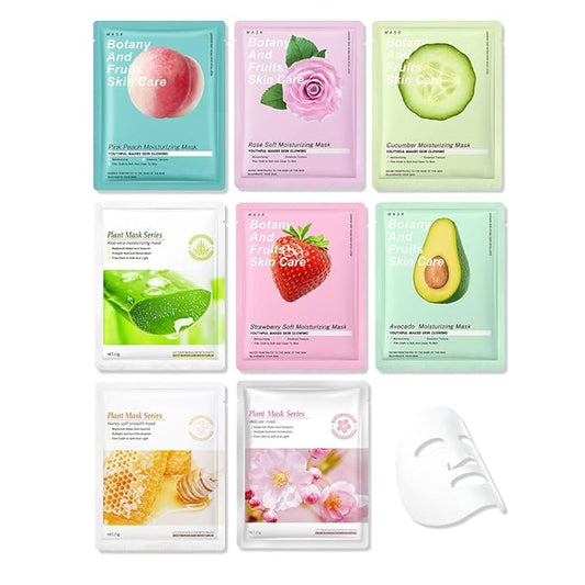 CAKAILA 8 Pack Plants Fruits Face Sheet Mask Skincare,Hydrating Face Mask For Sensitive Skin,Moisturize,Soothing,Nourish for All Skin Types,Natural Spa Party Facial Mask Skincare Set for Women Men