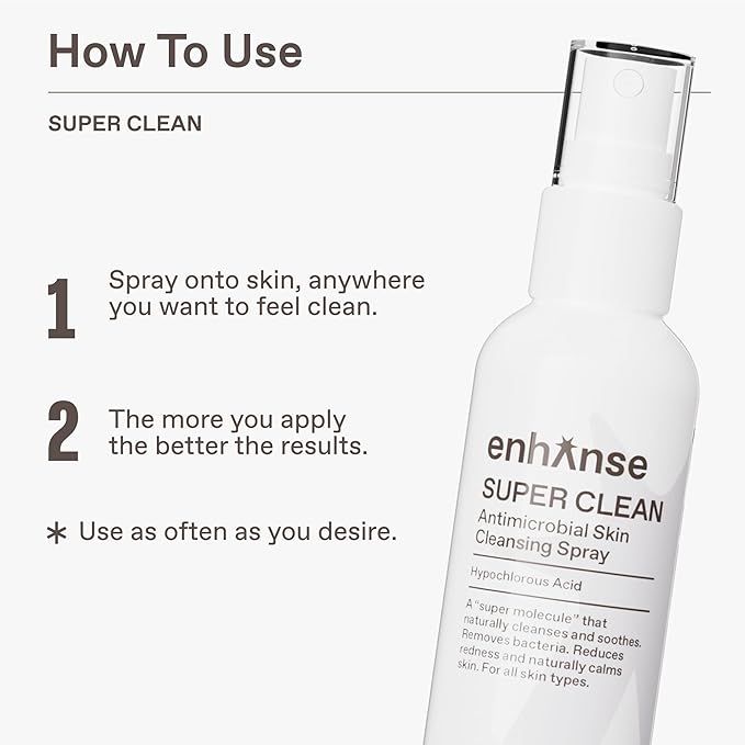 ENHANSE Super Clean, Hypochlorous Acid Spray, Helps Heal Acne Prone, Eczema, & Itchy Rashes, No Rinse Cleaner for Back Acne, Use Post Workout, Post Shave or Travel, Skin Care for Men, 100 mL