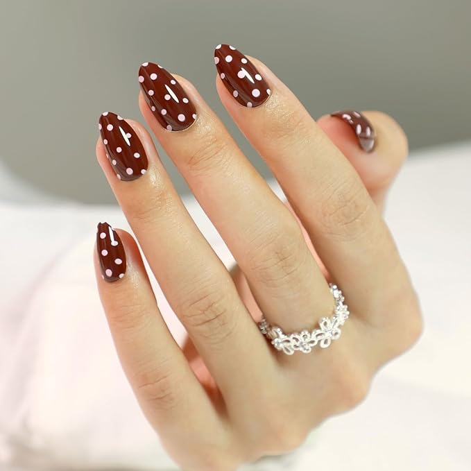 LAMIMOSA 32Pcs Polka Dots Press On Nails Short Almond - Soft Gel Brown-Red Fake Nails in 16 Sizes, Reusable Glue on Nails Kit, DOT DOT DOT