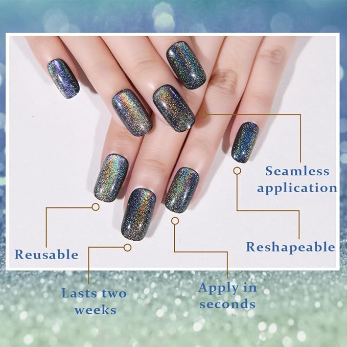 evpct Black Chrome Metallic Cat Eye Press on Nails Square Medium, Stick on Nails Medium Length Square for Women, Black Metallic Nail press ons, Iridescent Glitter Halloween Acrylic Fake Press on Nail