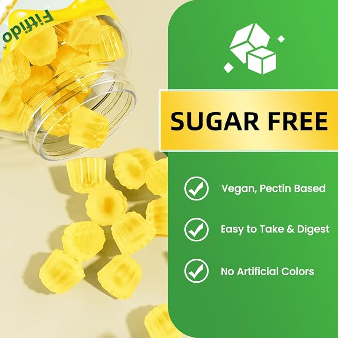 Fitfido Collagen Gummies with Multi-Collagen Peptides, Vitamin C, Zinc and Biotin - for Thick Hair, Strong Nails & Healthy Skin - Sugar Free & Vegan (Lemon Flavor, 60 Counts)