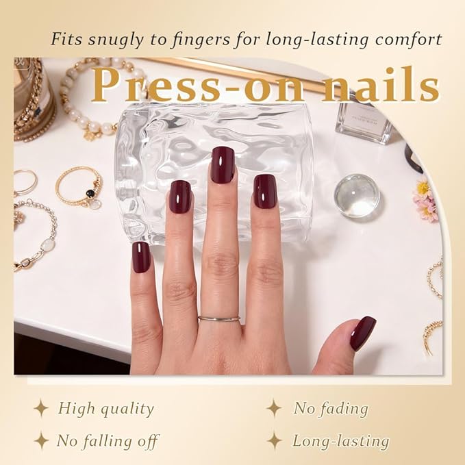 evpct Wine Red Glossy Press on Nails Short Square Nails for Women Gift, Dark Red Glossy Fake Nail with Kits, Soft Gel Reusable Stick on Acrylic Nail Full Cover Perfectly Fit Durable Salon Quality