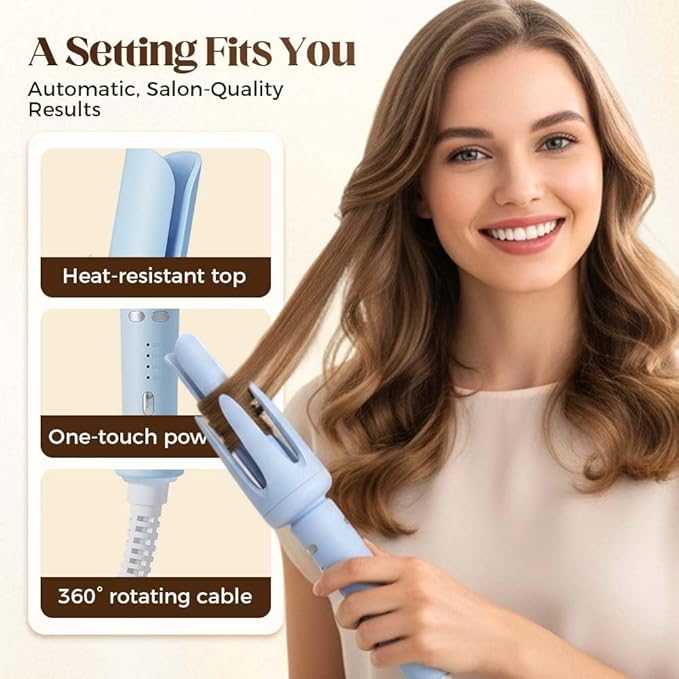 Fully Automatic Lazy Curling Stick,2026 New Electric Rotary Curler,32mm Rotating Curling Iron with 3 Temperatures,Fast Heating Curler Tongs Anti-Scald Hair Wand Gift for Long Hair (Light Blue)