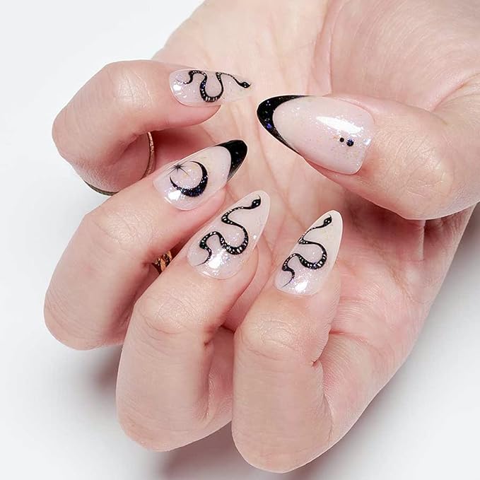 GLAMERMAID White Press on Nail Medium Almond, Natural White Crush Nail, Stiletto Fake Nail with Glitter Snake Design, Short Oval Stick Glue on Nail Tips for Women, Reusable Acrylic False Nail Kit