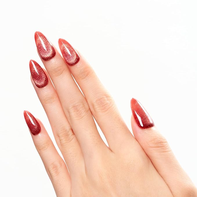 GLAMERMAID Agate Red Press on Nails Medium Almond,Cat eyes Glitter Handmade Glossy Soft Gel Glue on Nails Stiletto, Shrimmer Fake Nails Short Oval, Reusable Acrylic Stick on False Nails Kit for Women