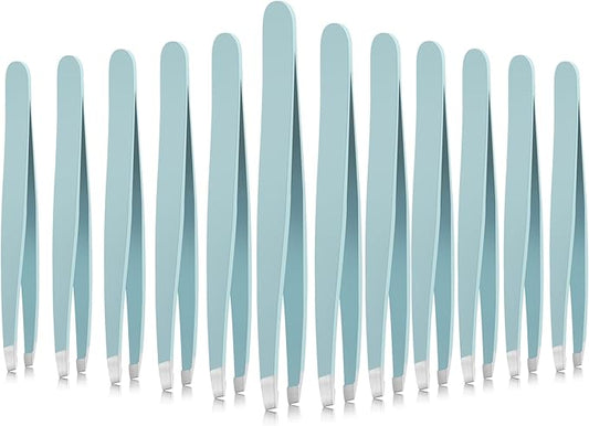 Mudder 12 Pcs Eyebrow Tweezers Set for Facial Hair Stainless Steel Slanted Tip Tweezers in Bulk for Men and Women (Light Blue)