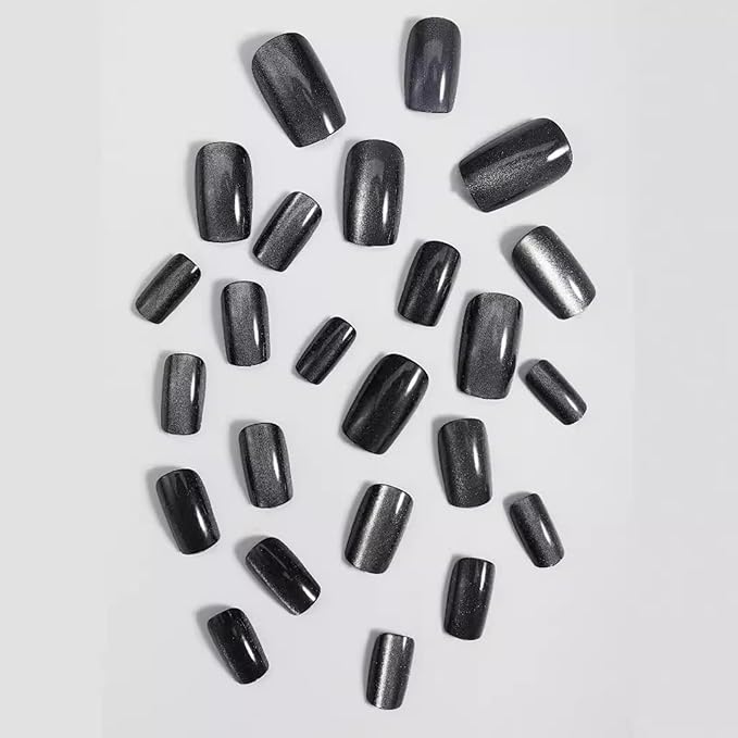 SHELWIN French Press On Nails Ready-To-Wear DIY Manicure Stick On Cat Eye Nails kit for Women 24 Pcs Short Medium Coffin Almond Shaped False Nails Gifts（Black）