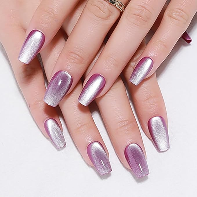 evpct Purple Cat Eye Coffin Press on Nails Square Medium, Medium Square Stick on Nails for Women Gift, Lavender Purple Metallic Glitter Glossy Reusable Summer Press on Fake Nail with Designs, 24Pcs