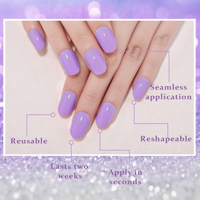 evpct Lavender Purple Medium Oval Glossy Press on Nails for Women Gift, Glossy Purple Fake Nail with Kits Manicure Kit, Soft Gel Full Cover Reusable Stick on Soft Acrylic False Nails Perfectly Fit