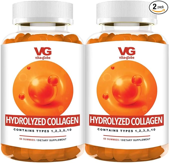 VITA GLOBE Collagen Gummies – 200mg Hydrolyzed Collagen Types I, II, III, V & X | Supports Hair, Skin, Nails, Joints & Bones | Non-GMO Daily Collagen Supplement for Adults – 120 Gummies (Pack of 2)