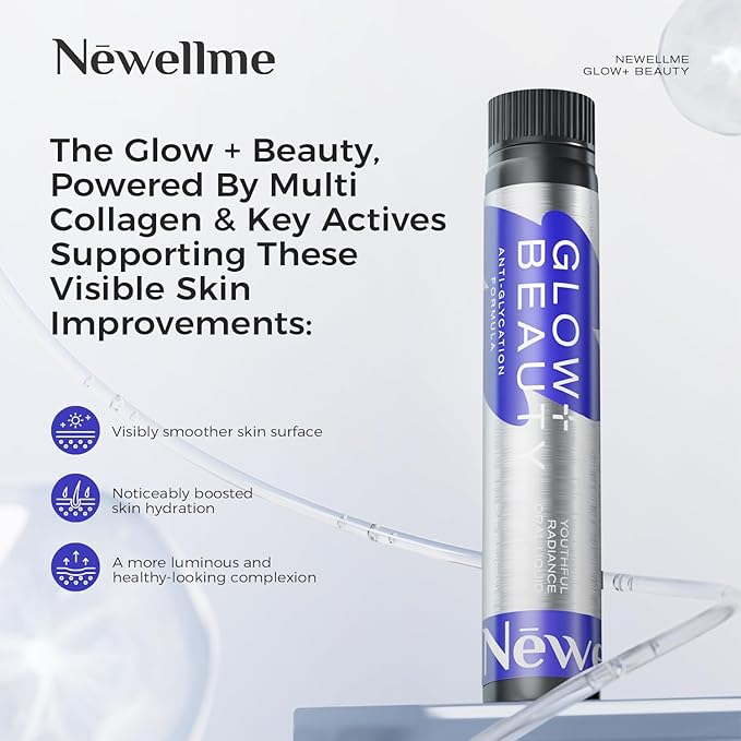 NEWELLME Antioxidant Collagen Shots – Glow+ Beauty Liquid Antioxidant with Hyaluronic Acid, Anti-Glycation Support for Smooth, Radiant Skin, Hair & Nails, 42 Bottles