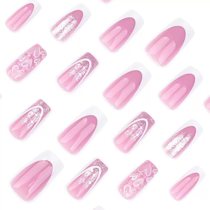 CTTHNBD Press on Nails Square - Medium Pink Fake Nails with Heart Desgin - White French Tip False Nails Press ons - for Women 24 Pcs